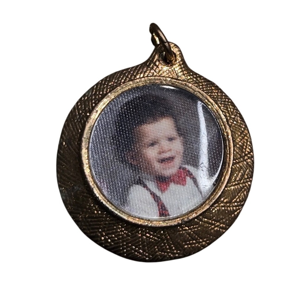 Vintage Gold Tone Textured Round Frame Picture Charm Pendant Child Portrait
